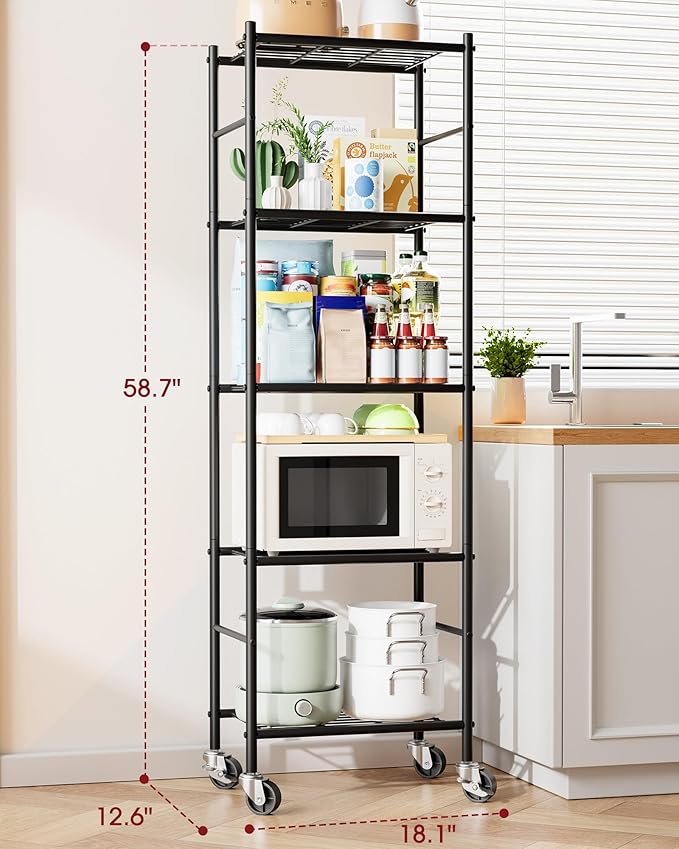 Storage Shelves Organizer - 5 Tier Metal Shelf Organizer with Metal Wheels and Adjustable Leveling Feet, Heavy Duty Garage Shelving for Kitchen, Pantry and Closet, 18.1"x12.6"x58.7", Black