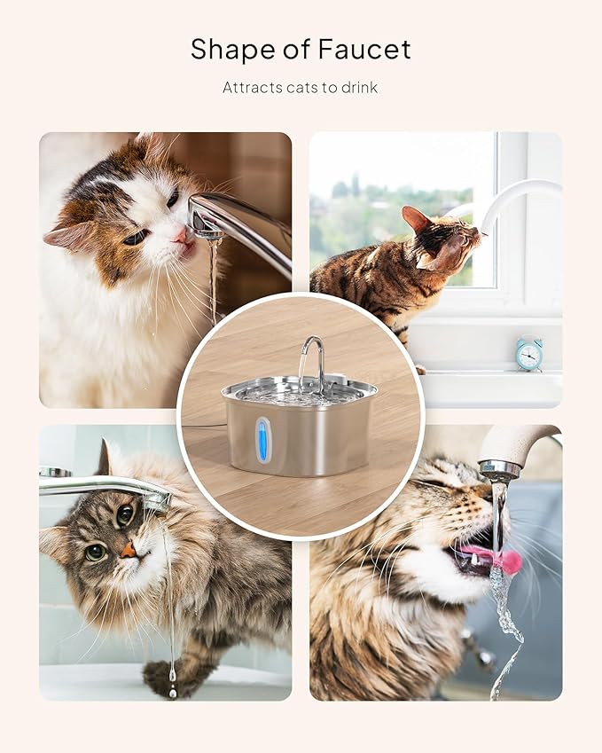 PEKTACO Stainless Steel Cat Water Fountain, 3.2L/108oz Cat Water Dispenser with Quiet Water Pump, Dishwasher Safe Pet Drinking Fountain for Cats with 3 Filters + 3 Sponges