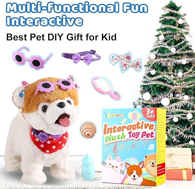 Pomeranian Walking Dog Toy for Girl Licking Barking Dog with Control Leash, Interactive Repeat What You Say, Talking Singing Robot Tail Wag Electric Pretend Dress Up for Kid