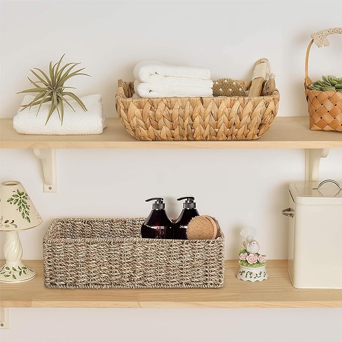 2-Pack Handwoven Seagrass Storage Baskets, Wicker Bins for Pantry Organization, Shelf or Closet Organizer, Decorative Boho Rectangular Basket 15.7" x 6.7"