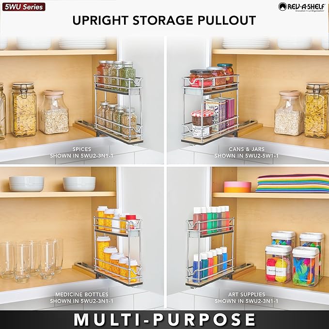 Rev-A-Shelf 9" Pullout Organizer, 2 Tier Triple Narrow Upright Shelf, 5WU2-9N3-1