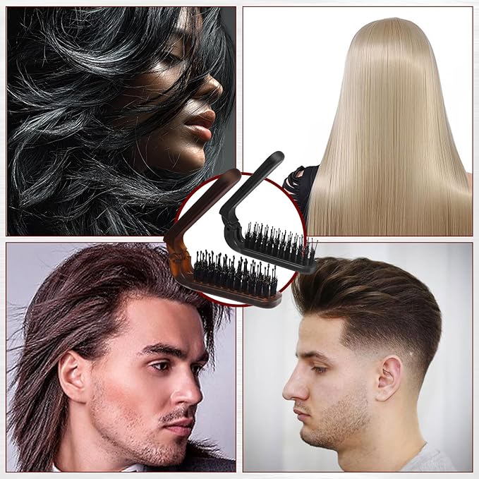 2 Pack Foldable Hair Brush Travel Hairbrush, Boar Bristle Hair Brush Portable Collapsible Pocket Comb for Women and Men, Suitable for Travel, Purse, Anti-Static Design (Amber & Black)