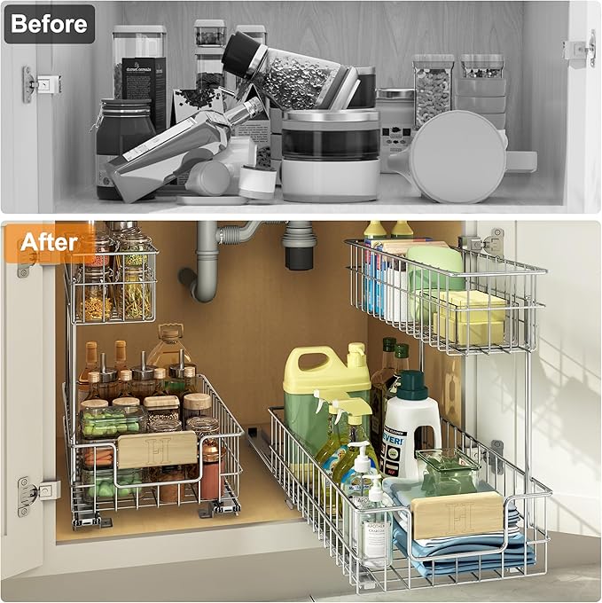 ROOMTEC Pull Out Cabinet Organizer, Under Sink Slide Out Storage Shelf with 2 Tier Sliding Wire Drawer, Sliding Storage for Inside Kitchen Cabinet- 11½ in. W x 21½ in. D (Right)