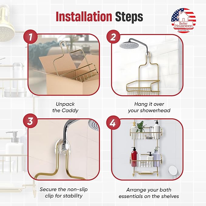 Better Houseware Shower Caddy - Shower Organizer Shelves with Hooks, Rustproof Shower Storage Rack for Shampoo, Conditioner, Soap, Bath Sponge - Gold (Caddy + Soap Holder)
