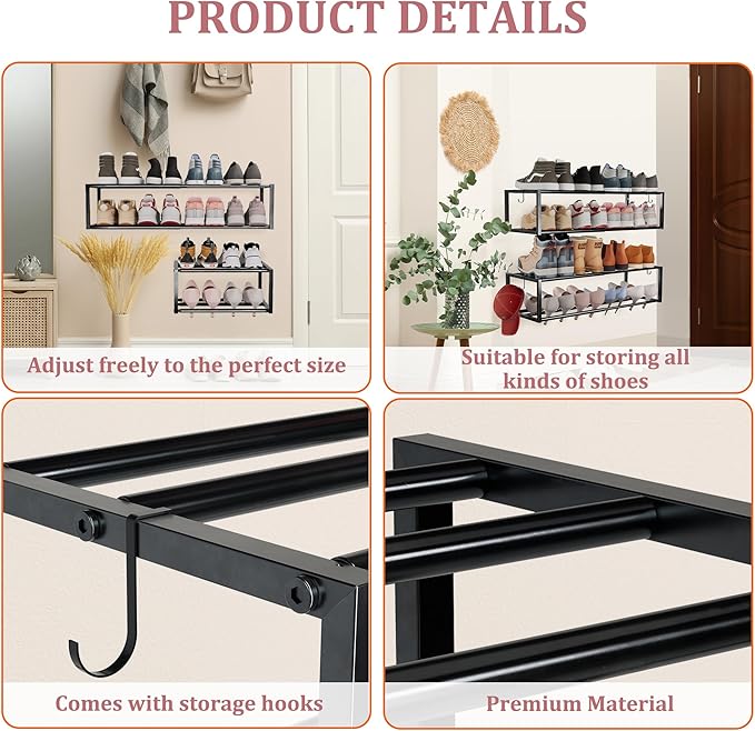 3 Pack Expandable Wall Mounted Shoe Rack, 17"-31" Adjustable Hanging Shoe Rack Holds 24 Pairs, Heavy Duty Metal Shoe Holder with 6 Storage Hooks, Space Saving for Entryway Closet Doorway(Black