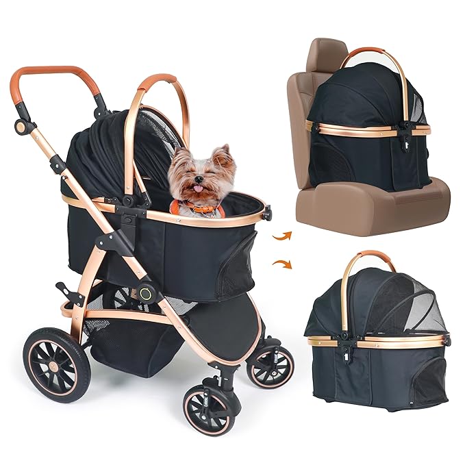 3 in 1 Pet Stroller for Small to Medium Dogs and Cats up to 55 lbs with Detachable Carrier/Car Seat, 34.44x24.21x 42.91, Foldable and Lightweight, Detachable Cushion + Cup Holder (Black/Gold)