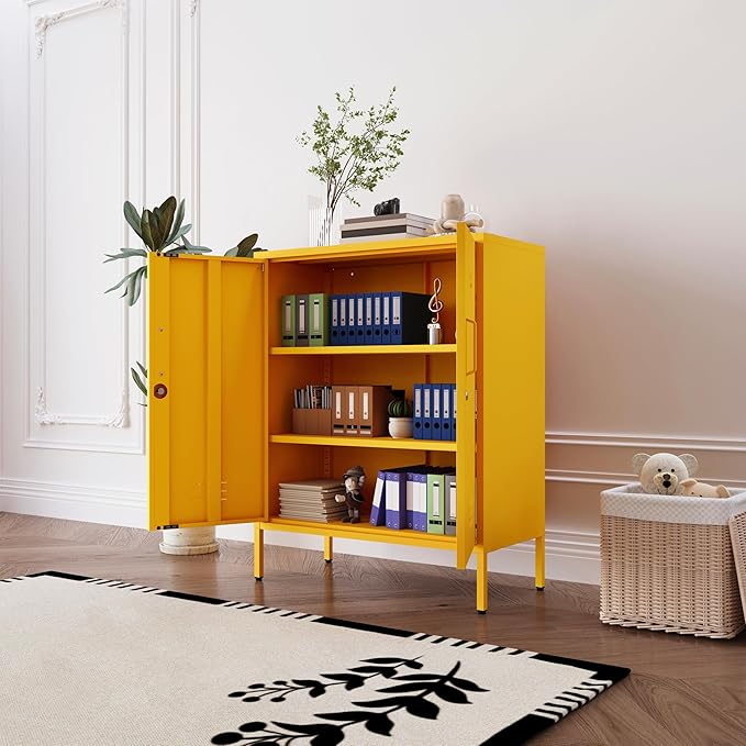 Yellow Heavy Duty Metal Storage Cabinet, Multifunctional Lockable Cabinet with 3 Adjustable Shelves, Secure Industrial Organizer for Home Office School, Easy Assembly, 40" H x 31.5" W x 15" D