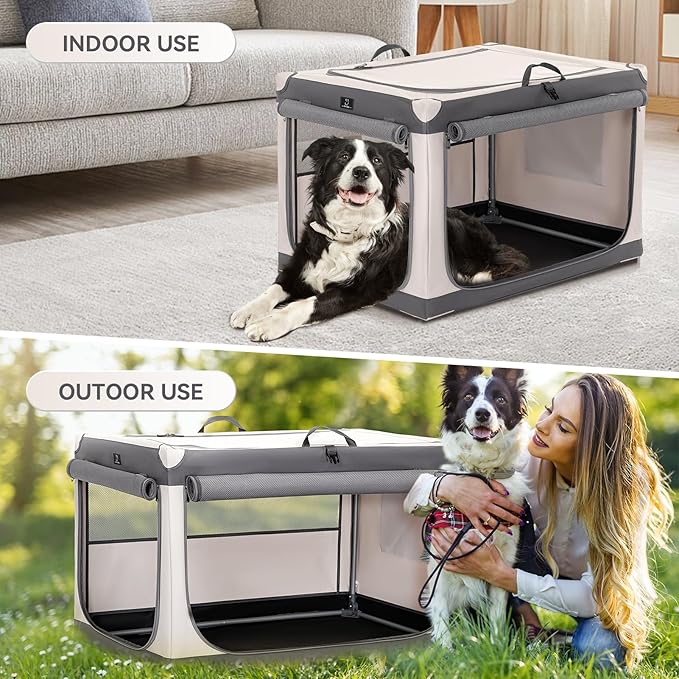 A 4 Pet Soft Dog Crate 36 Inch Mid Portable Collapsible Pet Travel Kennel, 3-Door Soft-Sided Lockable Zippers & Reinforced Steel Frame, Easy Setup, Mesh Panels โ Ideal for SUV, Car, Camping & Home Use