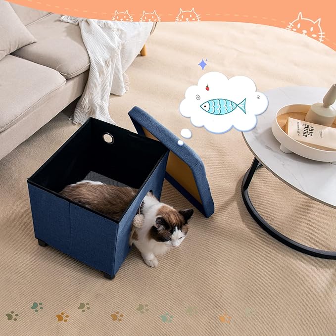 BRIAN & DANY Foldable Cat House, Cat Cave, Cat Cube with Scratch Board & Ball, 14.7" x 14.1â x 12.7â, Blue