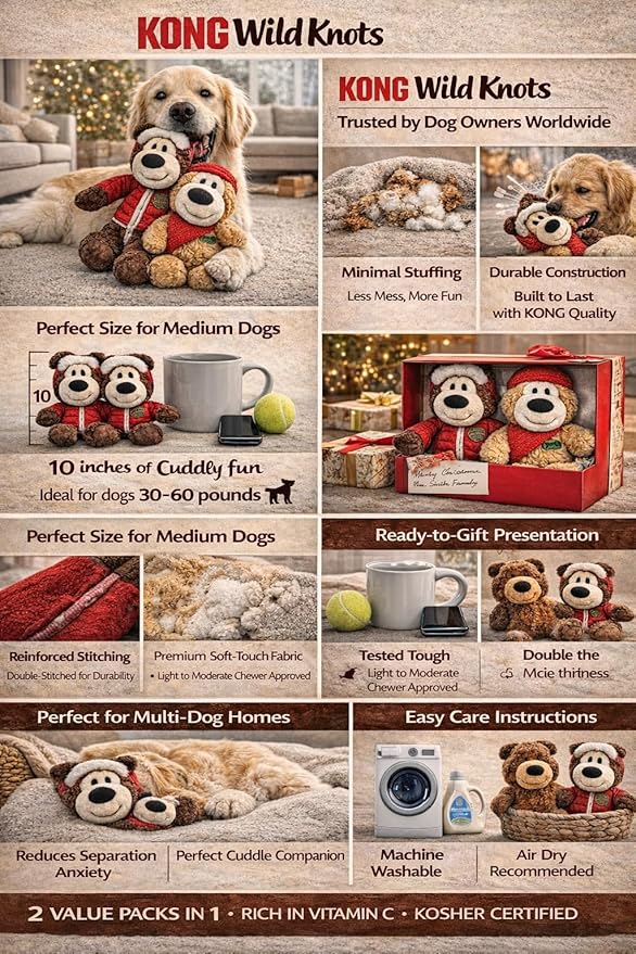 Wild Knots Bear Plush Squeaker Toys 2-Pack — Internal Rope, Minimal Stuffing, Medium Dogs