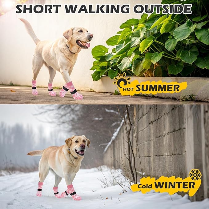 EXPAWLORER Dog Socks for Cold Winter Snow to Prevent Licking Paws, Anti Slip Doggie Booties Grippy Shoes for Hardwood Floors, Boots & Paw Protectors for Small Medium Large Senior Dogs Pink L