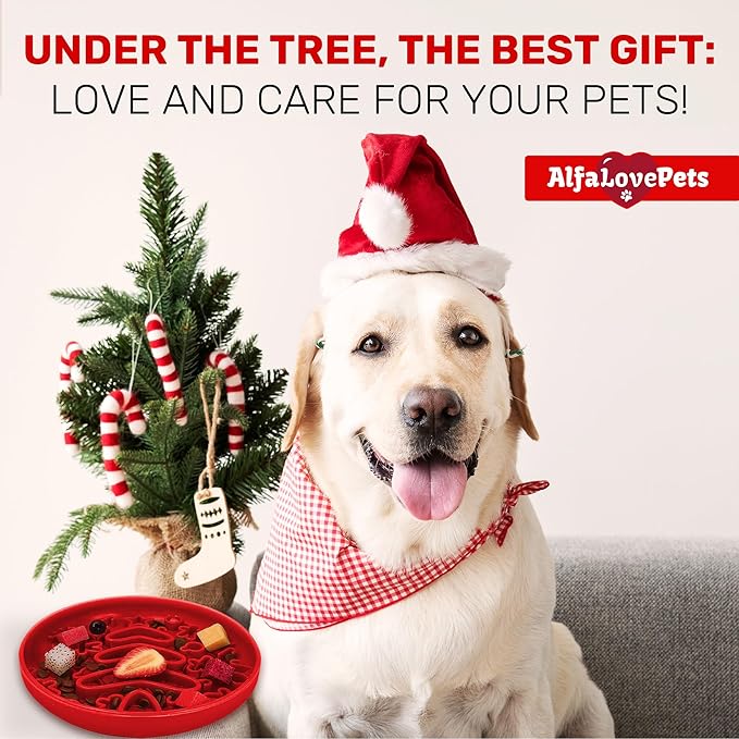 Slow Feeder Dog Bowls – Bowl with Christmas Design – Red Lick Mat for Dogs – Dog Food Bowl – Safe Silicone Material – for Dogs Using – Bowl Mat by Alfa Love Pets