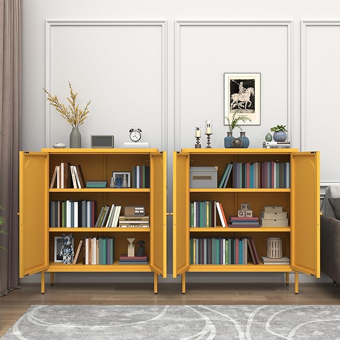 Metal Storage Cabinet with Lock, 2-Door Semi-Circular Steel Door, 2 Adjustable Shelves, Heavy Duty Secure Storage Unit for Home, Office, School, Yellow 36" H X 31.5" W X 13.8" D