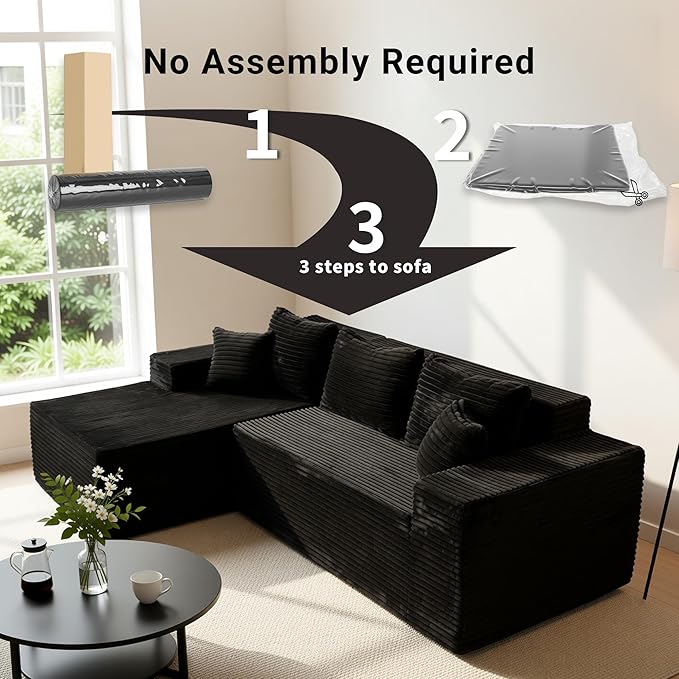 Claiks Boneless Couch, Cloud Couch Sectional, L-Shape Corduroy Modular Sectional Sofa Deep Seat, Upholstered Couches for Living Room, No Assembly Required, Black, Left Facing Chaise