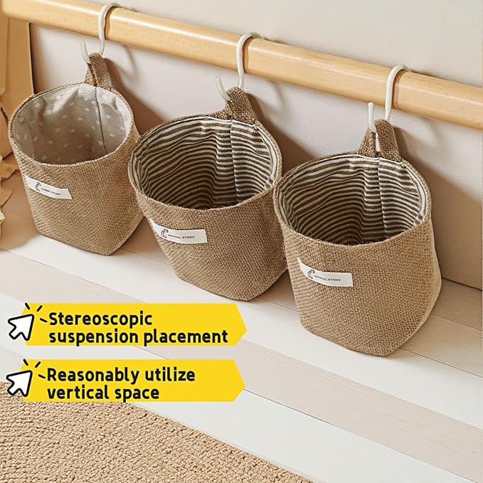 Washable Cotton Linen Hanging Organizer Bag for Door Wall Bedside | Washable Storage Pockets | Space Saving ,Reusable Closet Organizer (2Pack) (Deep blue stripes+yellow dots)