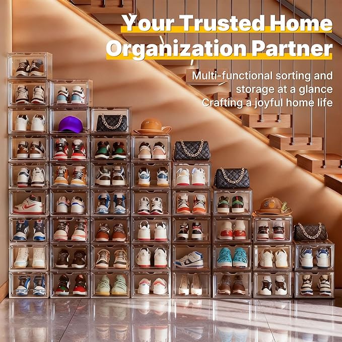 Stackable Clear Green Shoe Boxes 6 Pack with Magnetic Door, Drop Front Sneaker Storage Organizer for Closet, Large Transparent Plastic Shoe Storage Containers