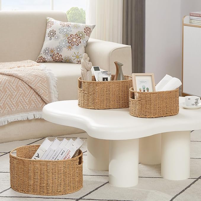 Vagusicc Wicker Storage Basket, Set of 3 Hand-woven Storage Baskets for Organizing, Round Large Wicker Baskets for Storage Decor, Pantry Storage Cubes Organization Baskets for Shelves, Natural