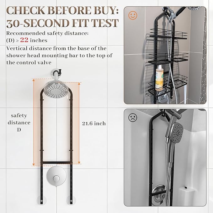 Aluminum Alloy Hanging Shower Caddy for Handheld Shower Heads, 3-Tier Adjustable Shower Rack, Rustproof Hose Hanging Shower Organizer with 2 S-Hooks, Matte Black