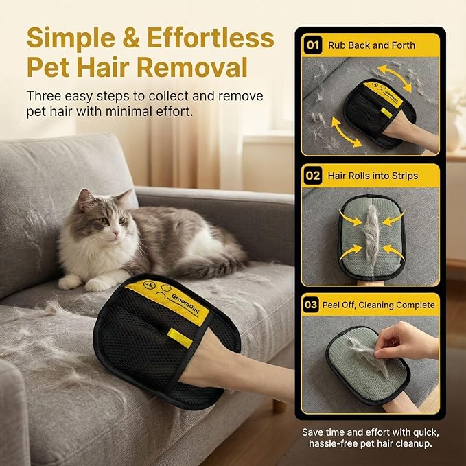 Pet Hair Removal Glove for Cats & Dogs, Upgraded Electrostatic Reusable Pet Hair Remover Gloves, Washable Magic Brush Tool for Couch, Bed, Carpet, Car Seat & Clothing, 3-Pack