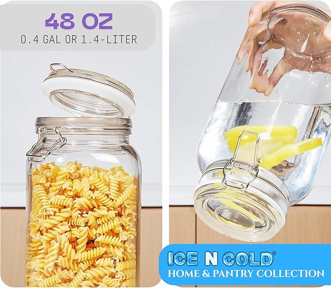 Airtight Glass Storage Jars with Clamp Lid β Food Storage Containers with Rubber Gasket Seal β Pantry & Kitchen Canisters for Dry Goods, Coffee, Sugar, Pasta β 0.4L to 4L Sizes (4, 48oz | 1.4L)