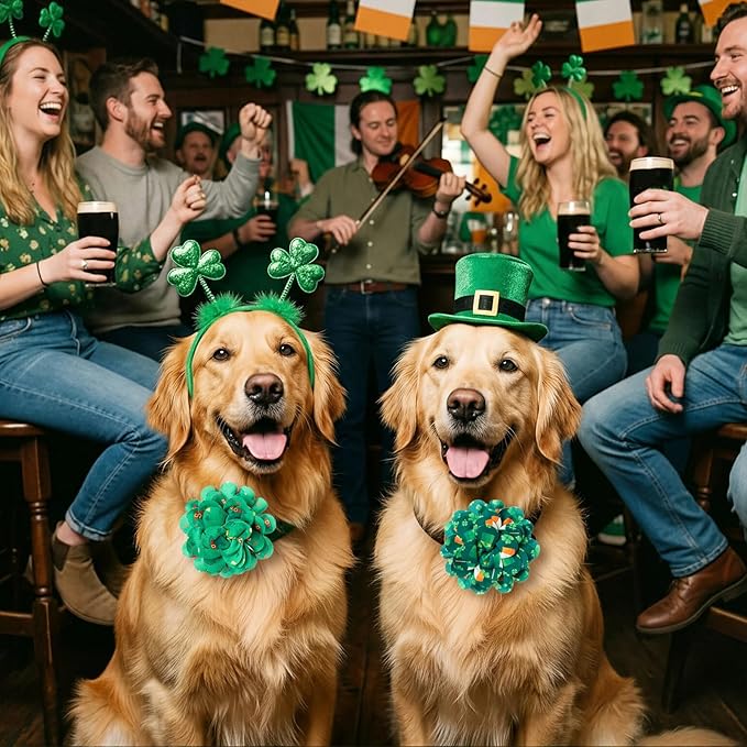 50 Pieces St Patricks Day Dog Collar Flowers Bulk Green Shamrocks Leprechauns Dog Charms Grooming Accessories Bowtie Flower for Puppy Cat Collar Attachment Embellishment Irish Party Costume