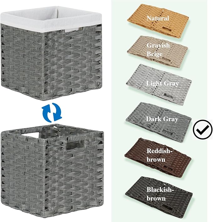 Bidtakay Wicker Storage Baskets for Organizing 4-Pack Hand-Woven Imitation Dark Grey Wicker Cube Storage Bins with Liners for Shelves Closet Cabinet 11x11 Waterproof Cube Organizer for Pantry