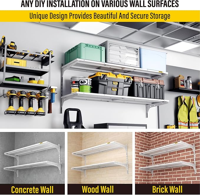 1pack×2 Tier 1.3x4ft Garage Shelving Wall Mounted, 260lbs Load Capacity,15.6x48inch per Shelf Height Cassette Adjustable Floating Shelves(White)