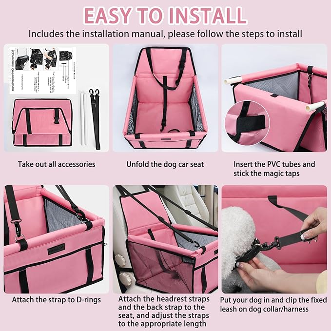 PetsHome Dog Car Seat Foldable Dog Car Booster Seat Waterproof Breathable Oxford Travel Bag for Small to Medium Dogs, Puppies, and Pets-Pure Pink
