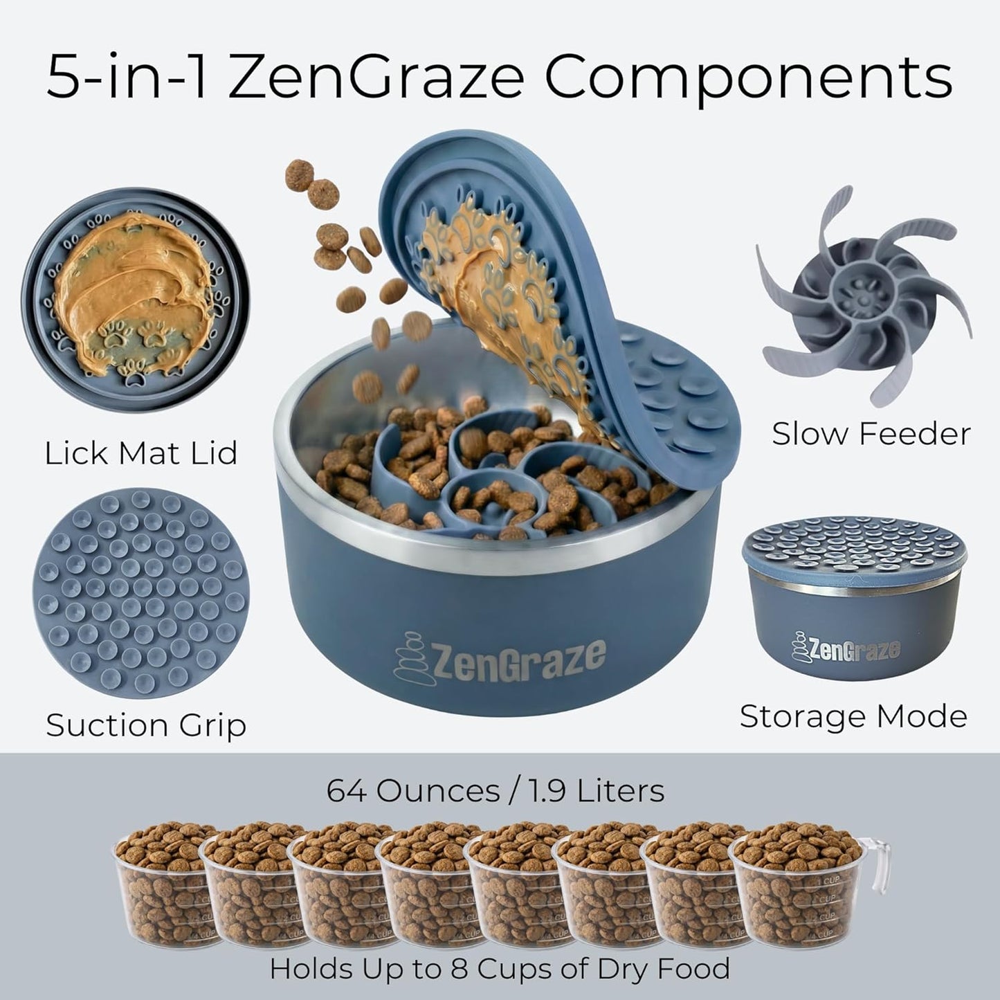 Stainless Steel Slow Feeder Dog Bowl for Large Dogs | 64 oz, Non-Slip Base with Textured Lick Mat Lid & Silicone Slow Feeder Insert β Deep Anti-Gulp Metal Puzzle Bowl for Large Breeds (Steel Gray)