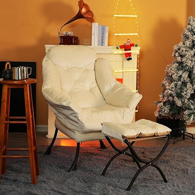 Kokel Lazy Chair with Folding Ottoman,Living Room Chairs, Accent Contemporary Lounge Chair, Single Steel Frame Leisure Sofa Chair with Armrests and A Side Pocket (White)