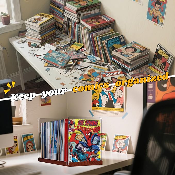 Comic Book Storage Holder,Wood Comic Book Case with three acrylic dividers,Acrylic Comics Book Box,Bin & Organizer,Stores Up To 150 Comics (Brown)