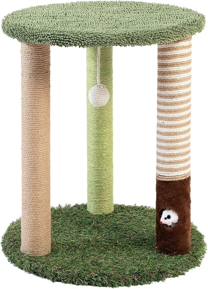 Cat Tree Tower with 3 Scratcher Posts 17inch Tall Cat Tree Sisal Scratching Posts with Fun Cat Toys for Kitty and Adult Cats Small Cat Tower and Perch Bed for Indoor Cats (Green)