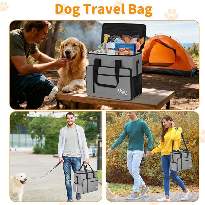 Dog Travel Bag,Large Pet Travel Bag for Supplies with 2 Food Container and Collapsible Bowls,Dog Travel Supplies Organizer Kit for Weekend,Road Trips,Camping