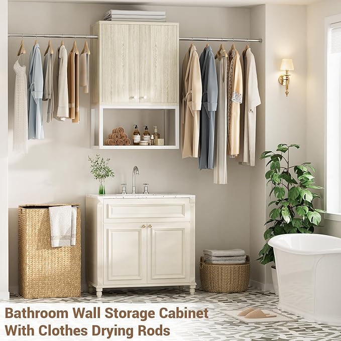 Homieasy Wall Cabinet with 2 Hanging Rods, 67'' Wide Laundry Wall Cabinet with 2 Doors, Open Rack & Adjustable Inner Shelf, Storage Cabinet Wall Mounted for Laundry & Bathroom, White Oak