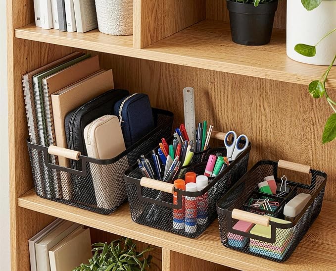 2-Pack Metal Mesh Basket, Small Wire Storage Organizer with Wood Handle for Kitchen Pantry, Bathroom, Cabinet, Closet, Picnic & Home Organization,Small, Black