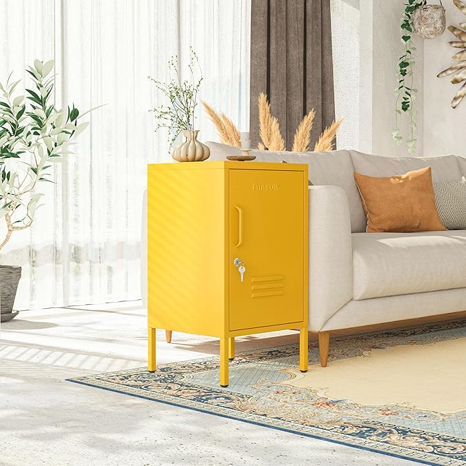 Single Door Lockable Metal End Table, 2-Tier Storage Cabinet with Adjustable Shelf, Easy Assembly Side Table for Living Room Bedroom Home Office, Yellow 28" H x 13.8" W x 15" D