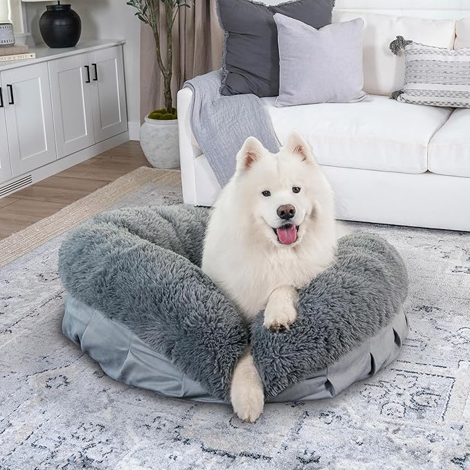 Best Friends by Sheri Ultra Calming Pouf Bed, Orthopedic Round Dog Bed for Joint Support, Faux Fur, Washable Cover, Tan, Large, 36"x36"