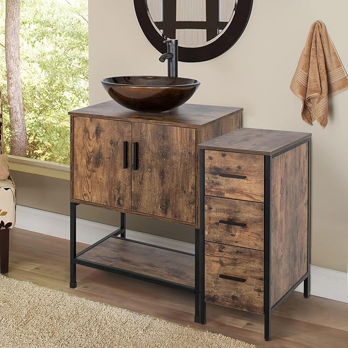 eclife 36" Bathroom Vanity Sink Combo Modern Metal Stand Cabinet W/Bottom Shelf & Storage Side Cabinet Brown Round Vessel Sink & Water Save Faucet & Pop Up Drain, Rustic Brown (A09)