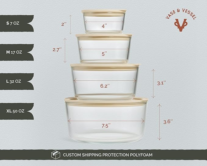 Glass Storage Container Set, Borosilicate Glass, Tempered Glass Lids, Baking Pan, Airtight with Vents, Microwave, Oven & Dishwasher Safe, (Circular - Set Of 4)