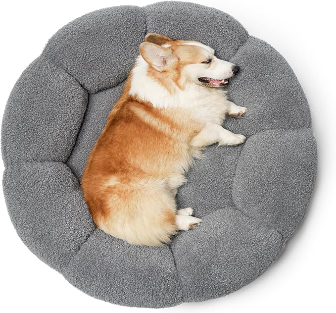 LE SURE Calming Large Dog Bed - Flower Donut Round Fluffy Puppy Bed in Plush Teddy Sherpa, Non-Slip Cute Flower Dog Beds, Large Pet Bed Fits up to 100 lbs, Machine Washable, Grey 36"