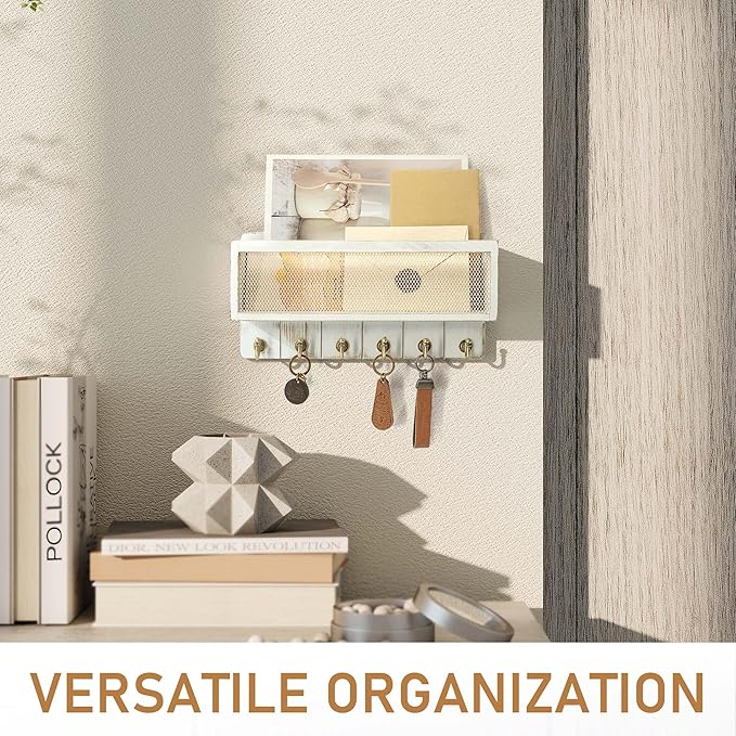 Rebee Vision Pine Wooden Key Holder Wall Mount with Mail Organizer Basket – Rustic Farmhouse Wall Decor for Living Room – Vintage Key Rack & Storage Organizer for Home Essentials (Whitewash)