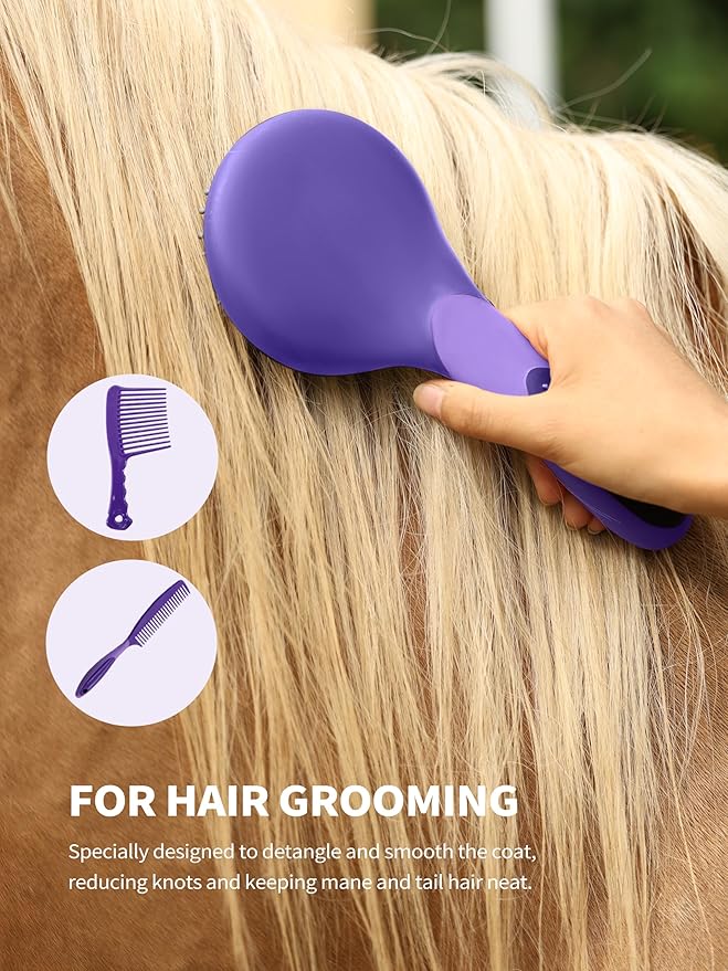 Harrison Howard Horse Grooming Kit, 9-Piece Set with Non-Slip Silicone Grip for Bathing, Shedding & Hoof Care Purple