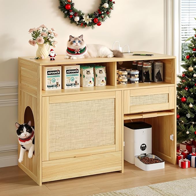 Cat Litter Box Furniture 42'' Hidden Enclosure with Litter Drawer, Litterbox Cabinet with Storage, Boho Rattan Style Indoor Cat House Washroom, Fits Most of Litter Boxes