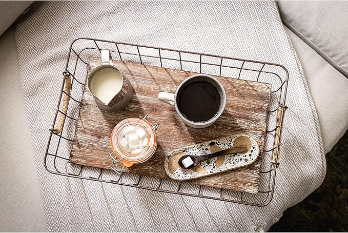 Stonebriar Stackable 2pc Rectangle Metal Wire and Wood Basket Set with Rope Wrapped Handles, Rustic Decor for Home Storage, Decorative Serving Baskets for Weddings, Birthdays, and Holiday Parties