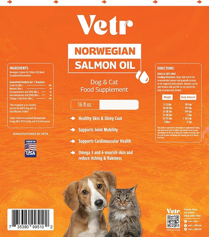Vetr Norwegian Salmon Oil for Dogs & Cats, 16.9 oz Squeeze Bottle - Pure Wild-Caught Omega-3 Fish Oil Liquid Supplement - Supports Healthy Skin & Shiny Coat