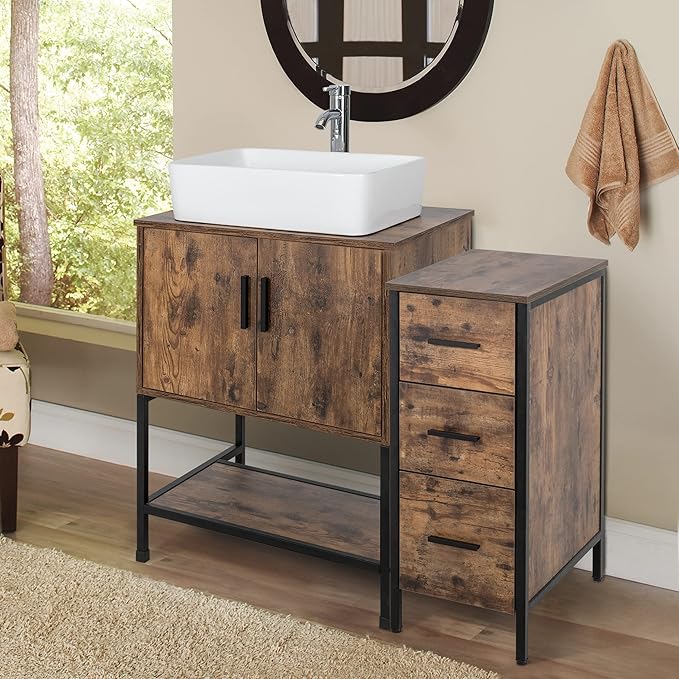 eclife 36" Bathroom Vanity Sink Combo Modern Metal Stand Cabinet W/Bottom Shelf & Storage Side Cabinet White Rectangle Vessel Sink & Water Save Faucet & Pop Up Drain, Rustic Brown (T03)