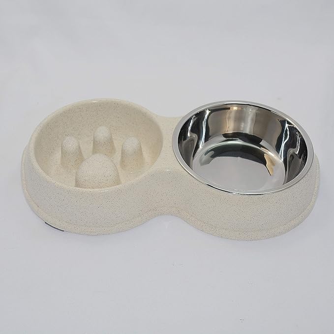 Dog Slow Eating & Drinking Bowl,Stainless Steel Interactive Slow Feed Dog Bowl for French Bulldog,Slow Down Eating Eco-Friendly pet Bowl for Frenchie(White)