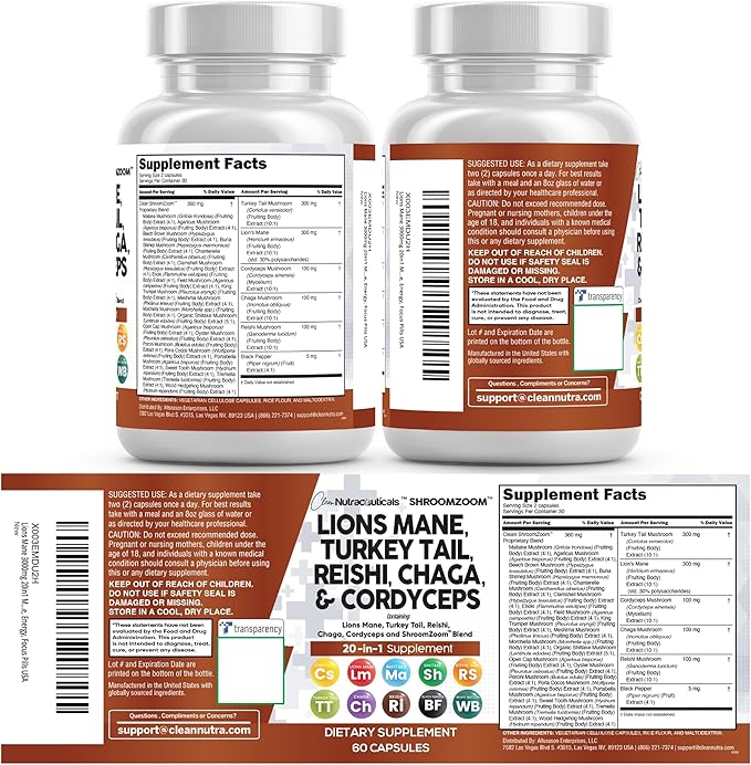 Clean Nutraceuticals Lions Mane 20in1 Mushroom Supplement with Turkey Tail Reishi Cordyceps Chaga Maitake Meshima Poria Cocos Shiitake Oyster Porcini Enoki - 1 Pack
