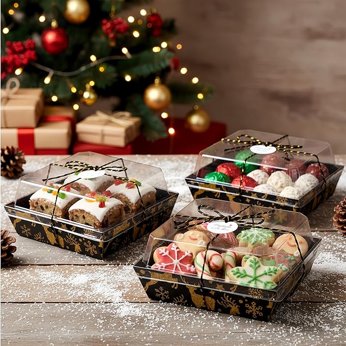 Outus 100 Pack Charcuterie Boxes with Clear Lids, 5.7 x 5.1 '', Mother 's Day Back to School Paper Food Containers Cake Take out Bakery Boxes with Gift Tags Rope for Desserts(Black,Gold,Christmas)