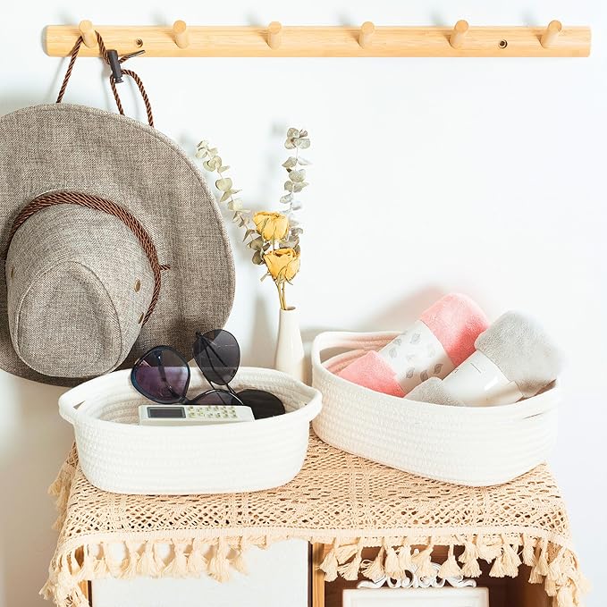 MINTWOOD Design 5-Piece Small Decorative Woven Storage Baskets Set for Shelves, Bathroom, Pantry and Nightstand Organizer, Catch All Tray for Organizing Gifts, Dog and Cat Toys, Creamy White
